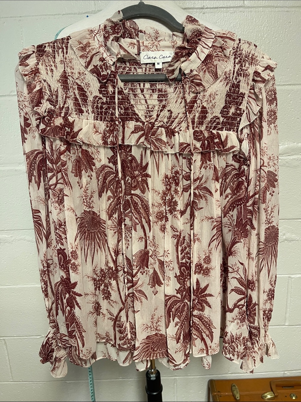 Cara Cara Cream and Burgundy Floral Ruffle Smocked Blouse